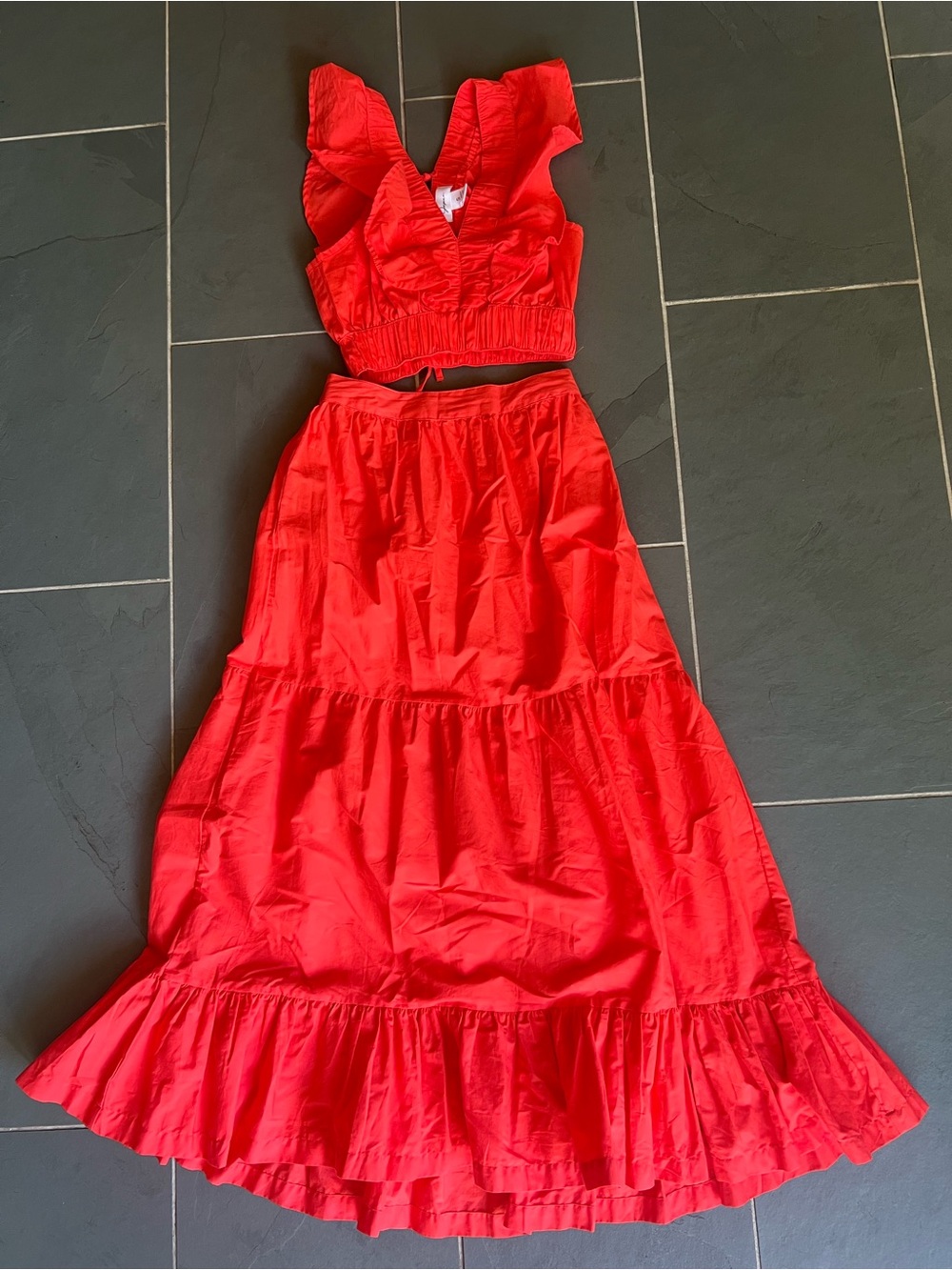 Japna Coral Red Two-Piece Crop Top & Tiered Maxi Skirt Set
